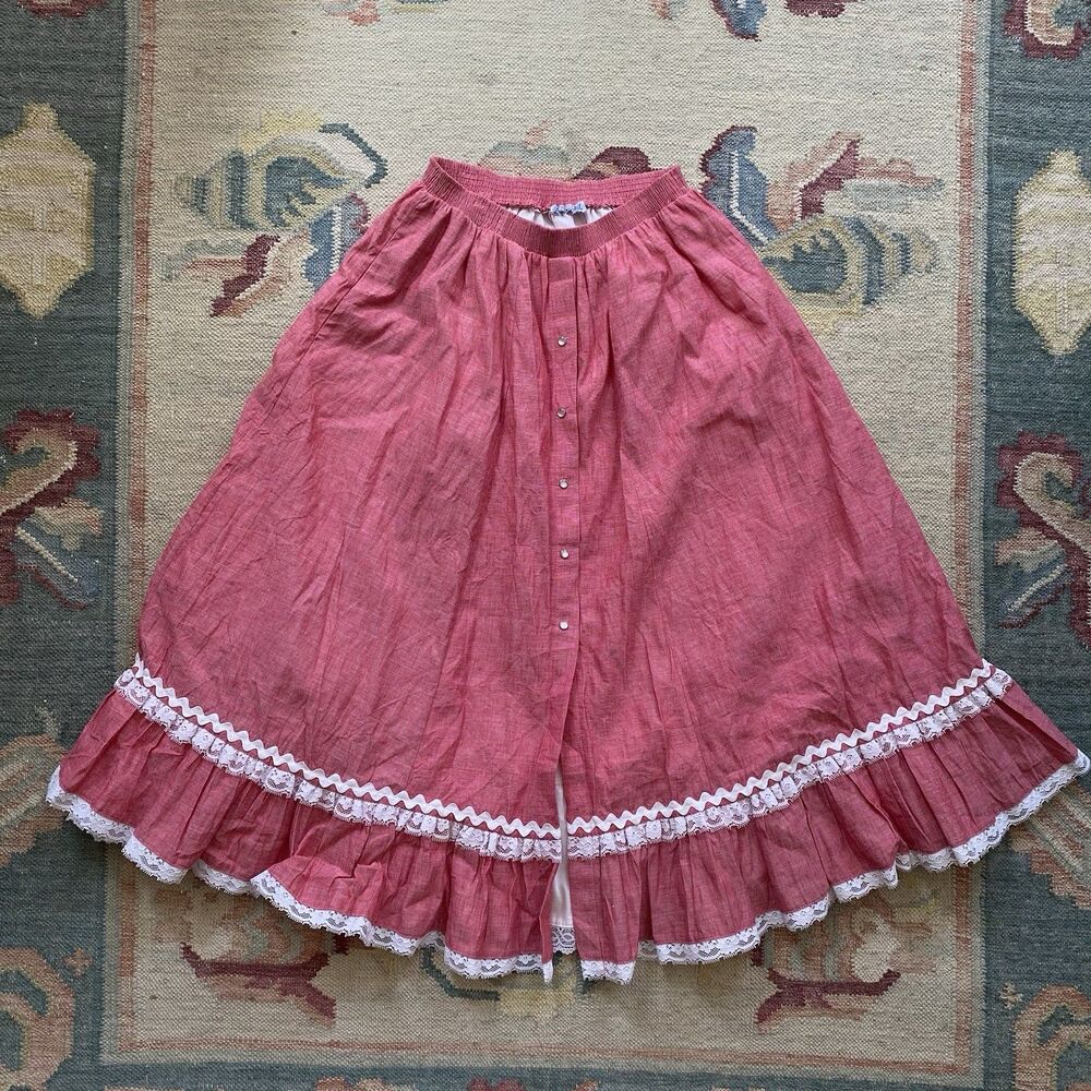 Vintage Rockmount Midi Skirt Ruffle Red Chambray Western Lace 26" Waist Ric Rac